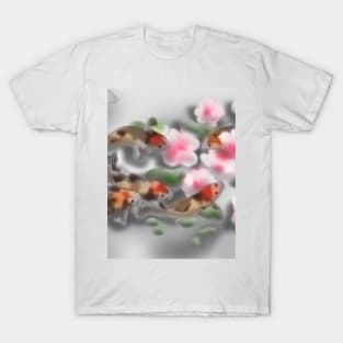 Cherry blossoms and koi carp in grey water T-Shirt